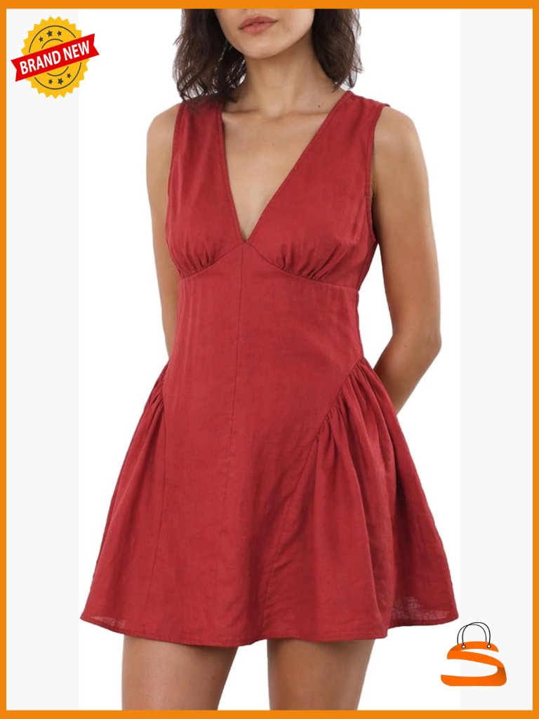 100% Linen Sleeveless Deep V-Neck Mini A-Line Dress With Zipper